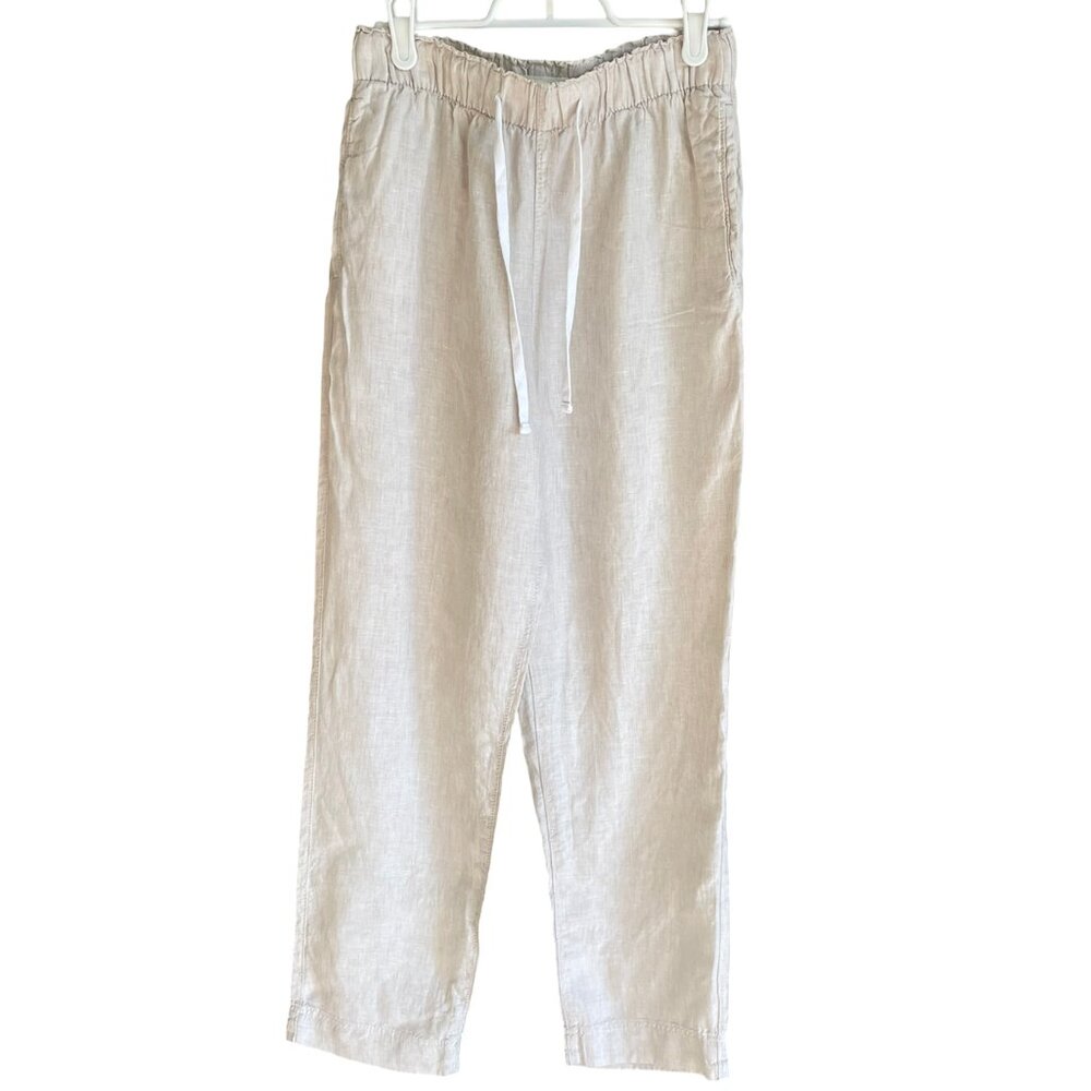 H&M 100% Linen Beige Pants Straight Leg High Waist Elastic Women's XS